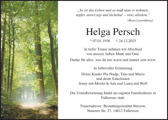Traueranzeige von Helga Persch von Norddeutsche Neueste Nachrichten