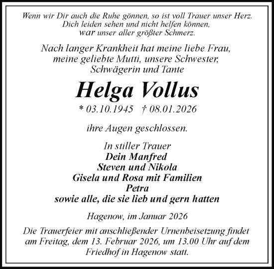 Traueranzeige von Helga Vollus von Hagenower Kreisblatt
