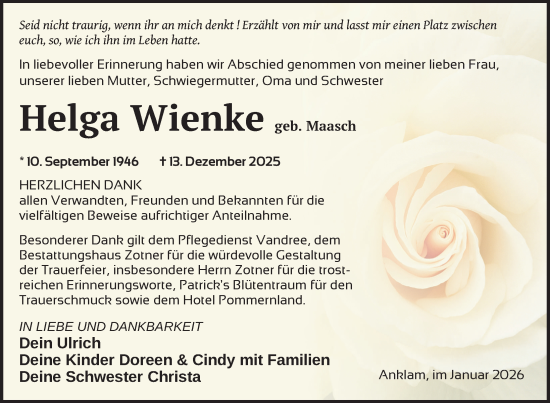 Traueranzeige von Helga Wienke von Nordkurier Vorpommern Kurier