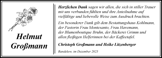 Traueranzeige von Helmut Großmann von Hagenower Kreisblatt