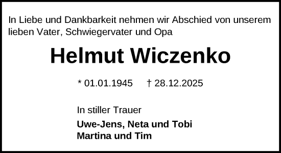 Traueranzeige von Helmut Wiczenko von Der Prignitzer