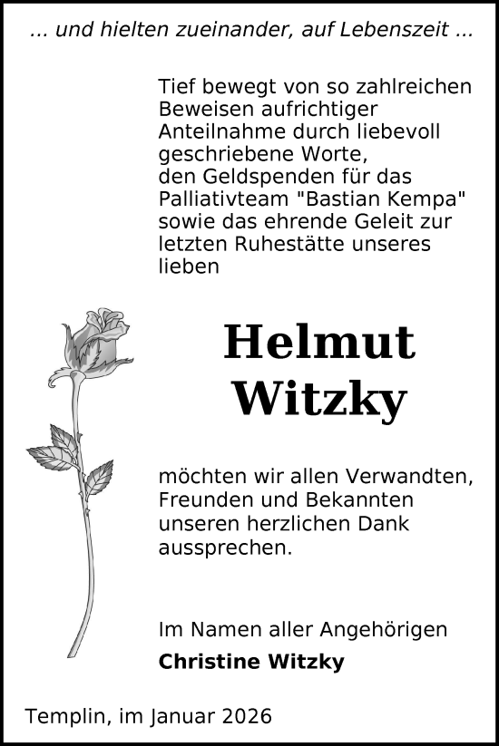 Traueranzeige von Helmut Witzky von Uckermark Kurier Templiner Zeitung