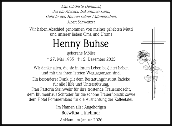 Traueranzeige von Henny Buhse von Nordkurier Vorpommern Kurier, Nordkurier Grosso