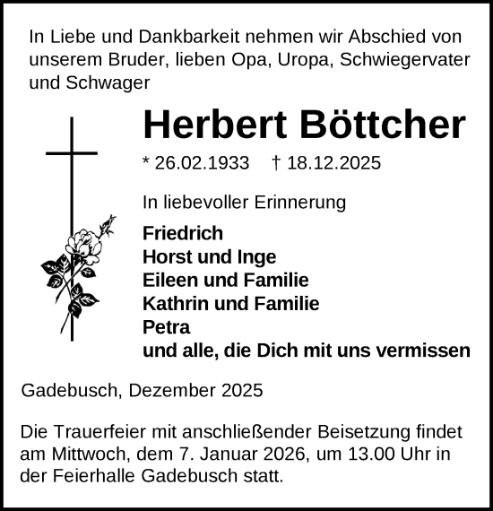 Traueranzeige von Herbert Böttcher von Gadebusch - Rehnaer Zeitung