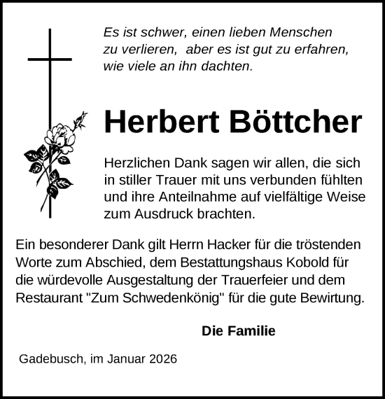 Traueranzeige von Herbert Böttcher von Gadebusch - Rehnaer Zeitung