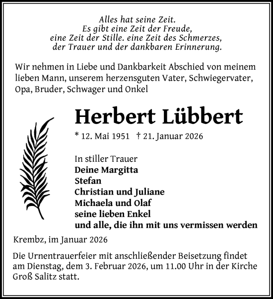 Traueranzeige von Herbert Lübbert von Gadebusch - Rehnaer Zeitung