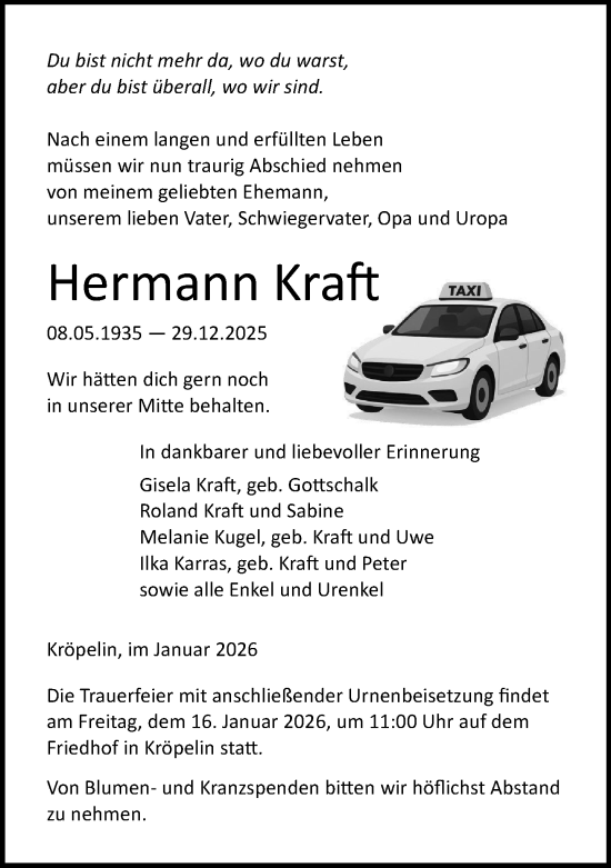 Traueranzeige von Hermann Kraft von Norddeutsche Neueste Nachrichten