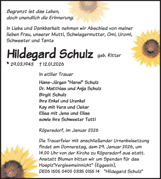 Traueranzeige von Hildegard Schulz von Uckermark Kurier Prenzlauer Zeitung