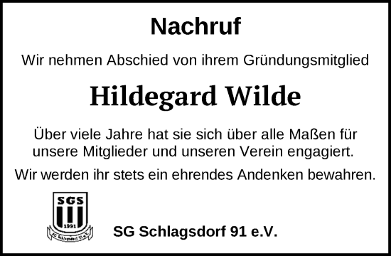 Traueranzeige von Hildegard Wilde von Gadebusch - Rehnaer Zeitung