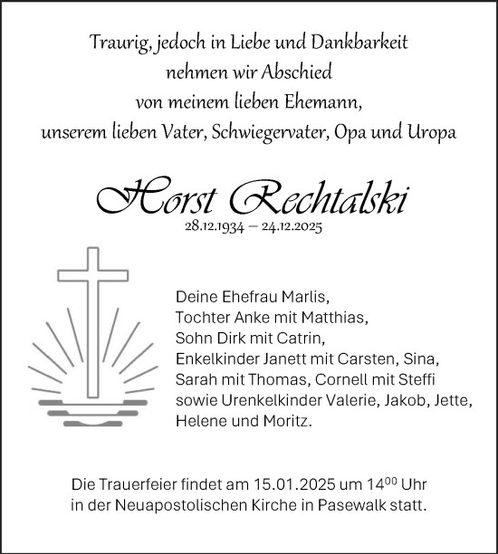 Traueranzeige von Horst Rechtalski von Nordkurier Pasewalker Zeitung