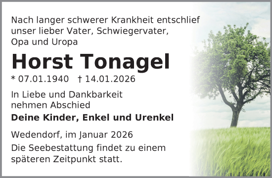 Traueranzeige von Horst Tonagel von Gadebusch - Rehnaer Zeitung