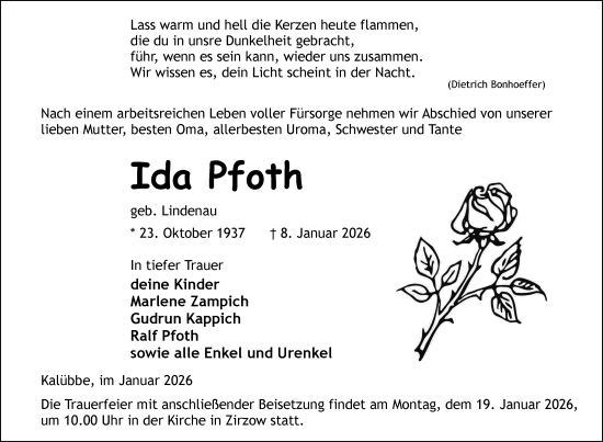 Traueranzeige von Ida Pfoth von Nordkurier Neubrandenburger Zeitung