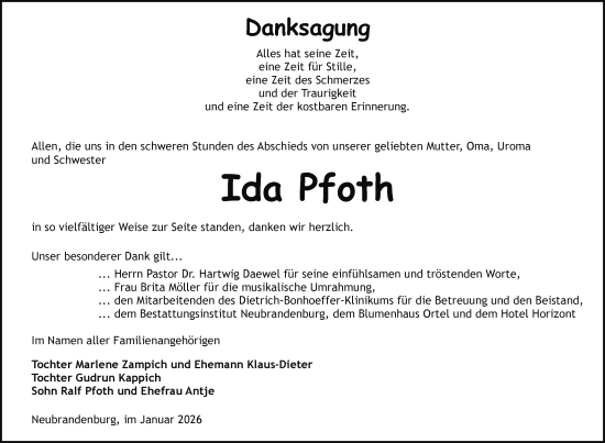 Traueranzeige von Ida Pfoth von Nordkurier Neubrandenburger Zeitung