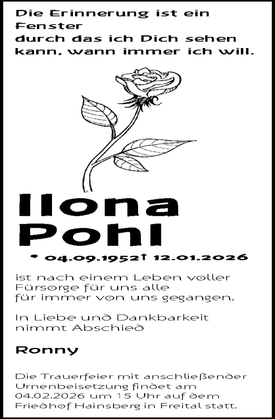 Traueranzeige von Ilona Pohl von Nordkurier Müritz-Zeitung