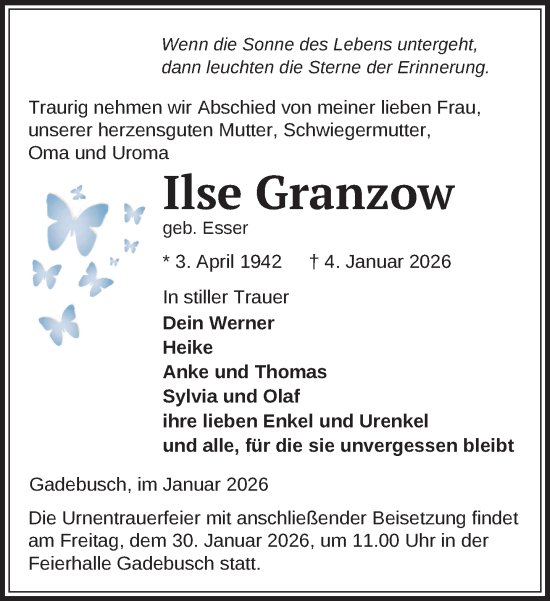 Traueranzeige von Ilse Granzow von Gadebusch - Rehnaer Zeitung
