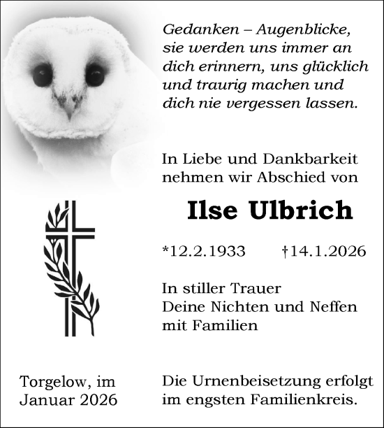 Traueranzeige von Ilse Ulbrich von Nordkurier Haff-Zeitung