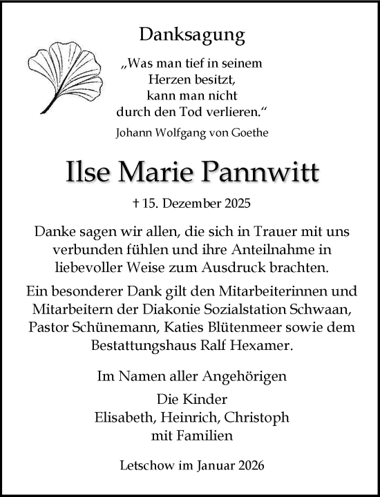 Traueranzeige von Ilse Marie Pannwitt von Güstrow und Bützow