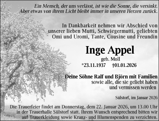 Traueranzeige von Inge Appel von Zeitung für die Landeshauptstadt
