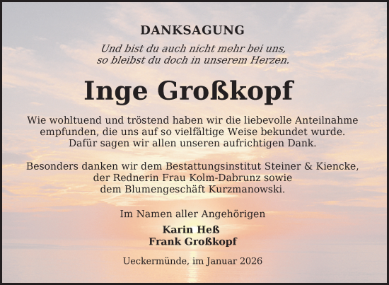 Traueranzeige von Inge Großkopf von Nordkurier Grosso