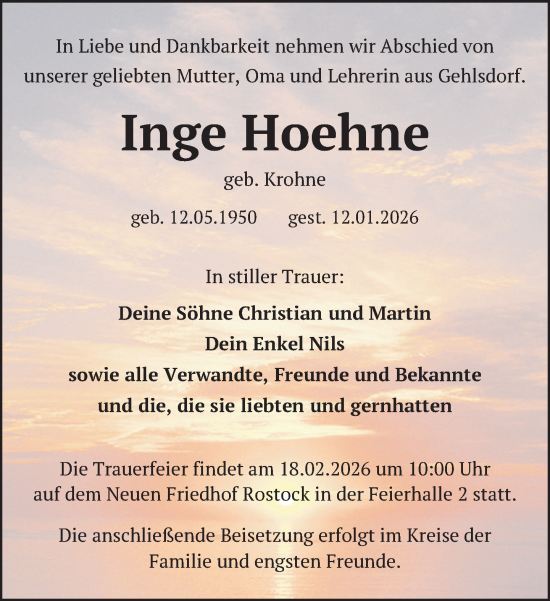 Traueranzeige von Inge Hoehne von Güstrow und Bützow