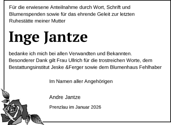 Traueranzeige von Inge Jantze von Uckermark Kurier Prenzlauer Zeitung