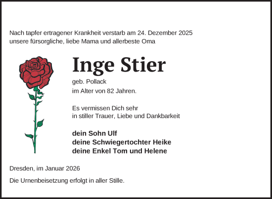Traueranzeige von Inge Stier von Nordkurier Strelitzer Zeitung