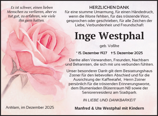 Traueranzeige von Inge Westphal von Nordkurier Vorpommern Kurier