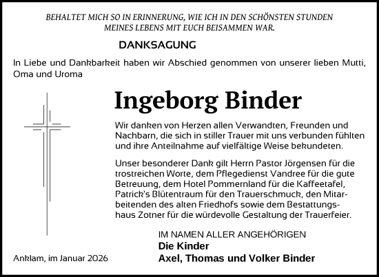Traueranzeige von Ingeborg Binder von Nordkurier Vorpommern Kurier, Nordkurier Grosso