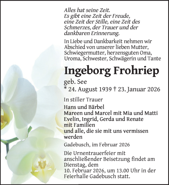 Traueranzeige von Ingeborg Frohriep von Gadebusch - Rehnaer Zeitung