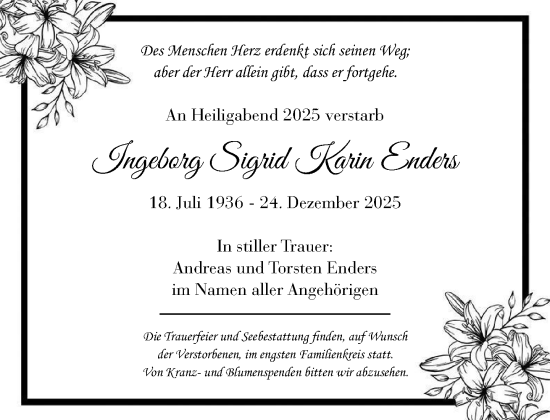 Traueranzeige von Ingeborg Sigrid Karin Enders von Norddeutsche Neueste Nachrichten