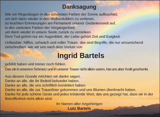 Traueranzeige von Ingrid Bartels von Nordkurier Vorpommern Kurier