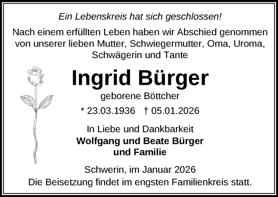 Traueranzeige von Ingrid Bürger von Zeitung für die Landeshauptstadt
