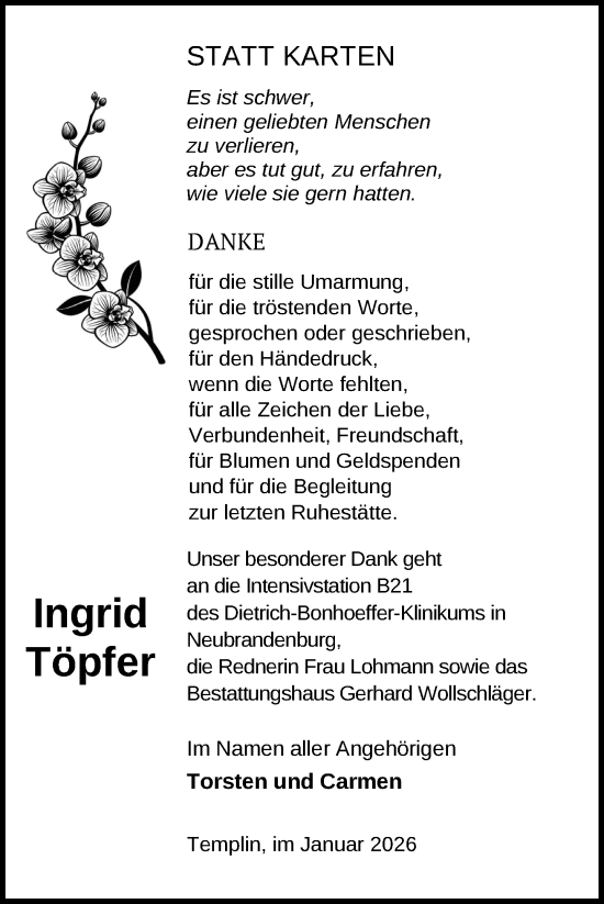Traueranzeige von Ingrid Töpfer von Uckermark Kurier Templiner Zeitung