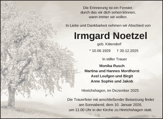 Traueranzeige von Irmgard Noetzel von Nordkurier Strelitzer Zeitung