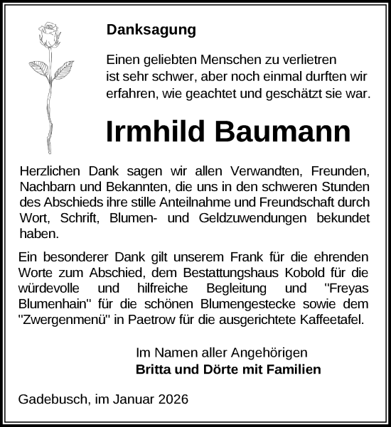 Traueranzeige von Irmhild Baumann von Gadebusch - Rehnaer Zeitung