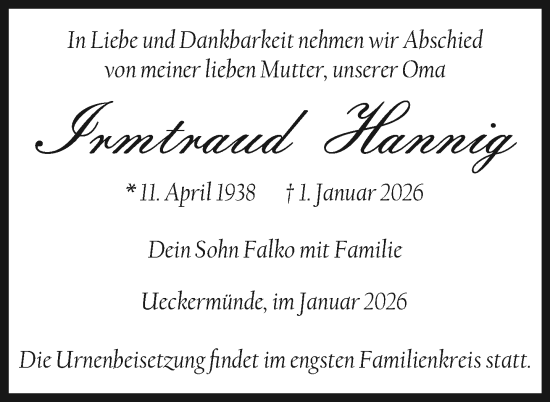 Traueranzeige von Irmtraud Hannig von Nordkurier Haff-Zeitung