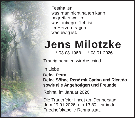 Traueranzeige von Jens Milotzke von Gadebusch - Rehnaer Zeitung