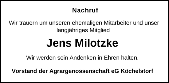 Traueranzeige von Jens Milotzke von Gadebusch - Rehnaer Zeitung