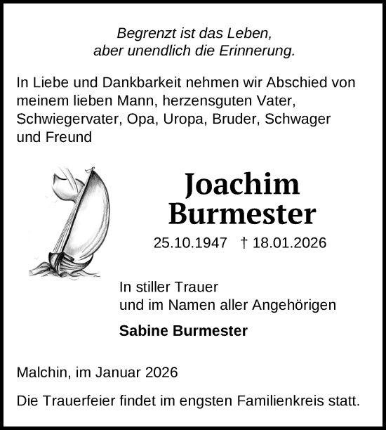 Traueranzeige von Joachim Burmester von Nordkurier Mecklenburger Schweiz