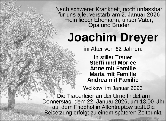 Traueranzeige von Joachim Dreyer von Nordkurier Neubrandenburger Zeitung