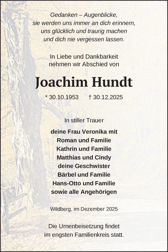 Traueranzeige von Joachim Hundt von Nordkurier Neubrandenburger Zeitung