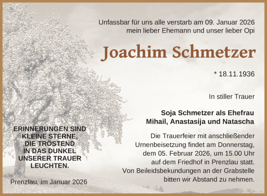 Traueranzeige von Joachim Schmetzer von Uckermark Kurier Prenzlauer Zeitung