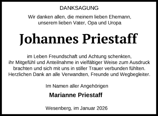 Traueranzeige von Johannes Priestaff von Nordkurier Strelitzer Zeitung