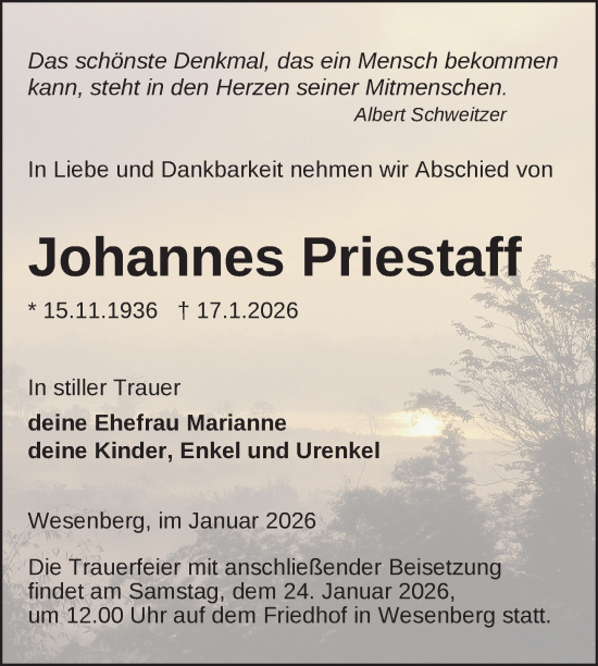 Traueranzeige von Johannes Priestaff von Nordkurier Strelitzer Zeitung