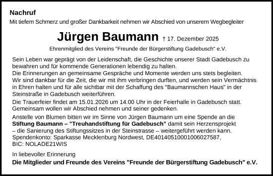 Traueranzeige von Jürgen Baumann von Gadebusch - Rehnaer Zeitung