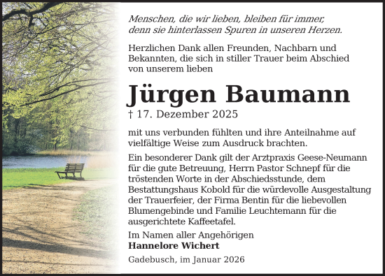 Traueranzeige von Jürgen Baumann von Gadebusch - Rehnaer Zeitung