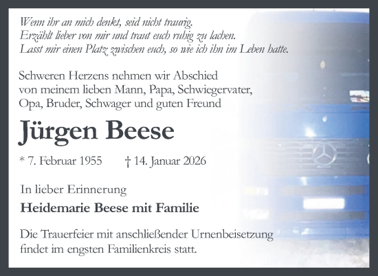 Traueranzeige von Jürgen Beese von Nordkurier Haff-Zeitung