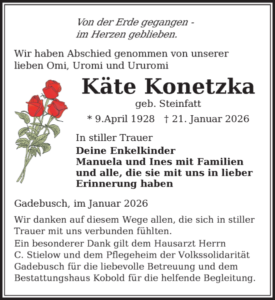 Traueranzeige von Käte Konetzka von Gadebusch - Rehnaer Zeitung