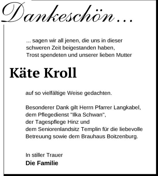 Traueranzeige von Käte Kroll von Uckermark Kurier Templiner Zeitung