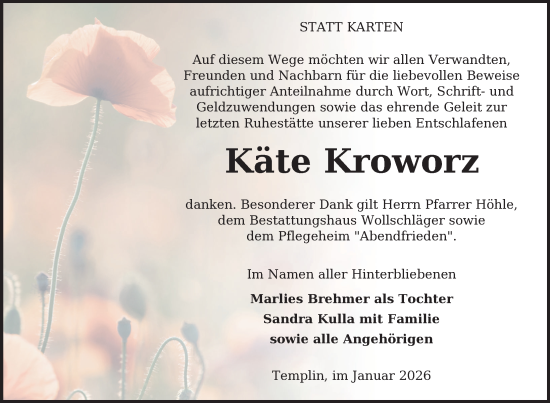 Traueranzeige von Käte Kroworz von Uckermark Kurier Templiner Zeitung